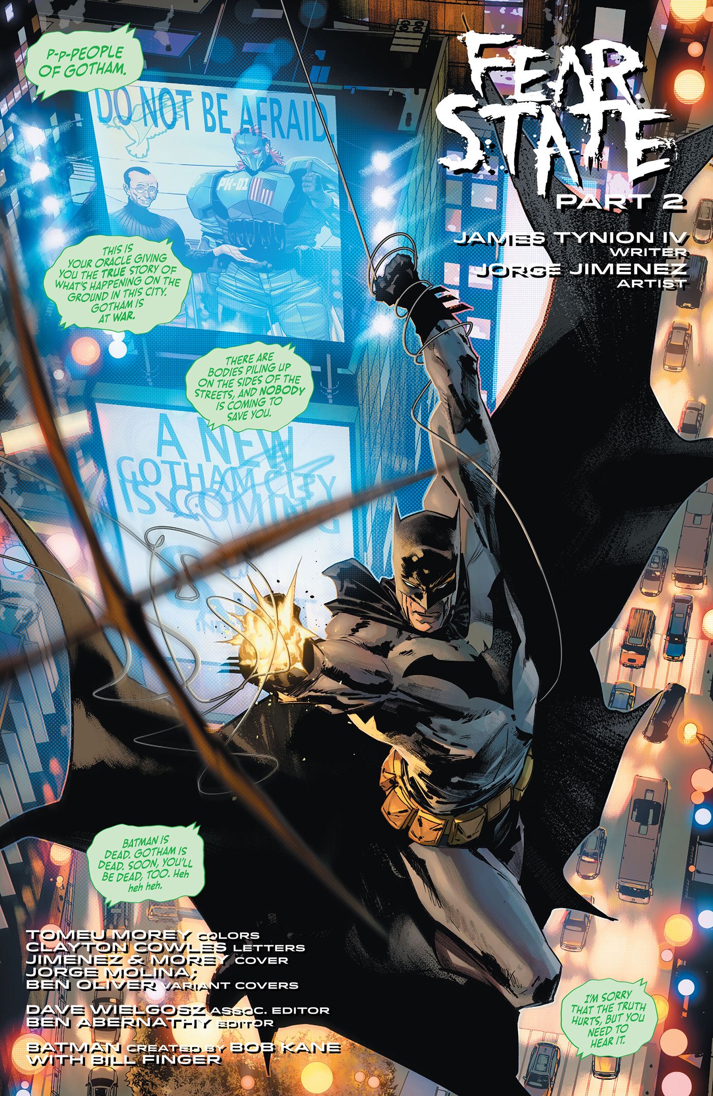 Batman swings through Gotham as the anti-Oracle induces fear and panic.