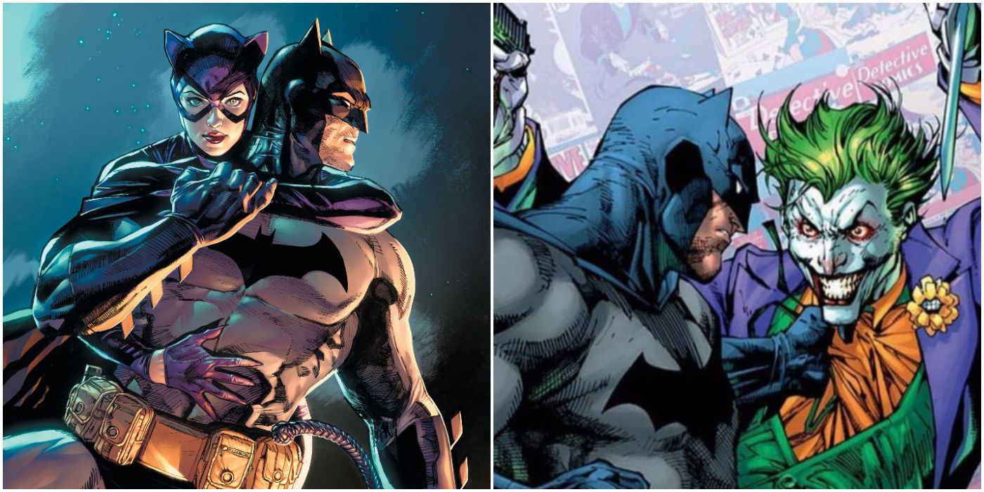Batman and Catwoman and Batman fighting Joker