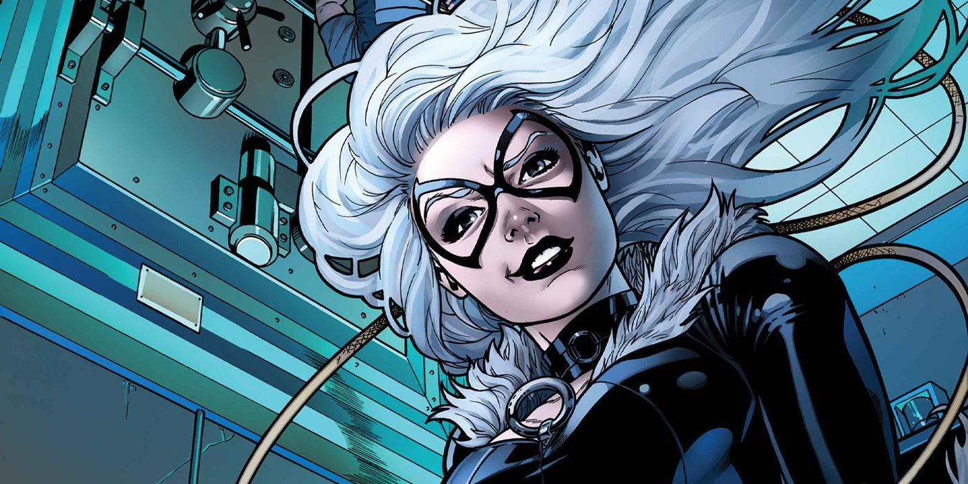 Black Cat hangs upside down above a vault's guards, though the image is inverted.