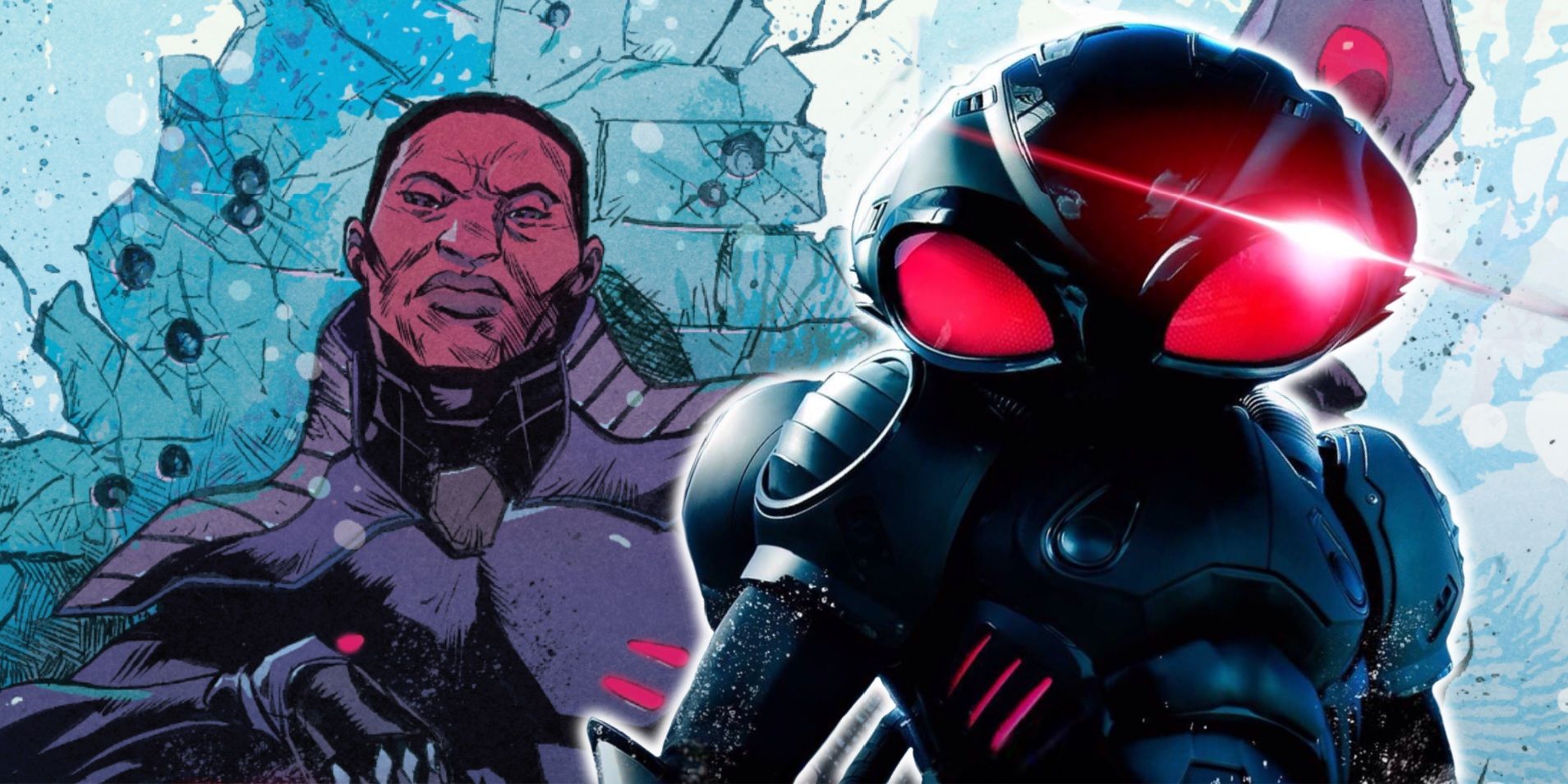 Black Manta as he appeared in the Aquaman and in art by Sanford Greene