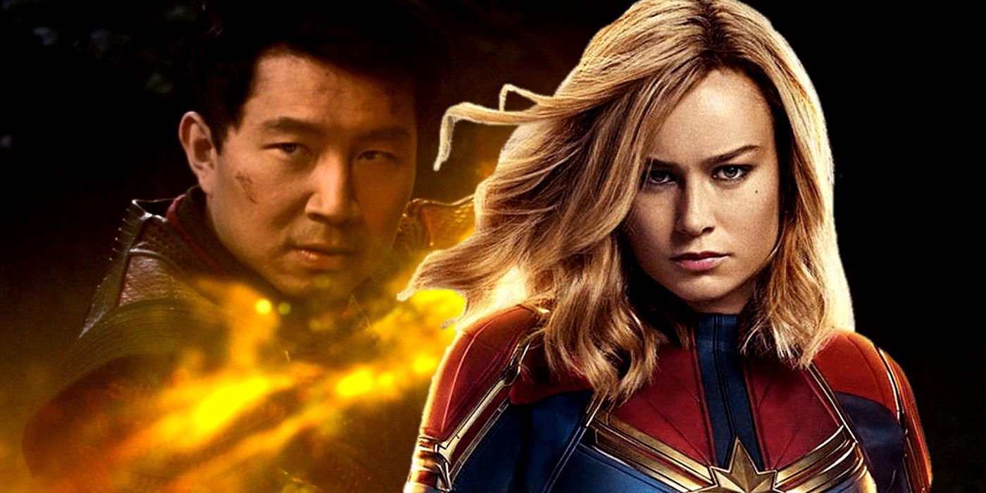 Captain Marvel superimposed over an image of Shang-Chi with the Ten Rings