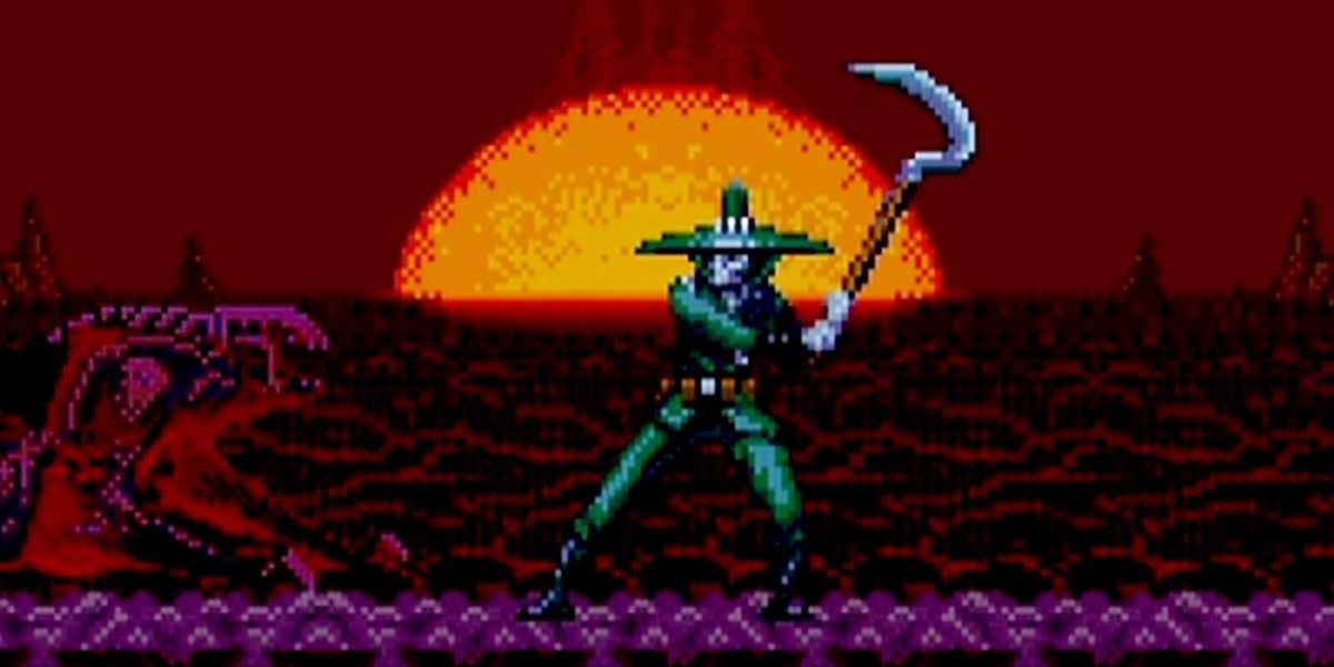 Chakan the forever man wielding a scythe in front of a setting sun 