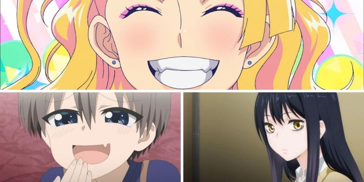 Top image features a smiling Galko-chan from Please Tell Me, Galko-chan!; bottom left image features a laughing Hana Uzaki from Uzaki-chan Wants To Hang Out!; bottom right image features Miko Yotsuya from Mieruko-chan
