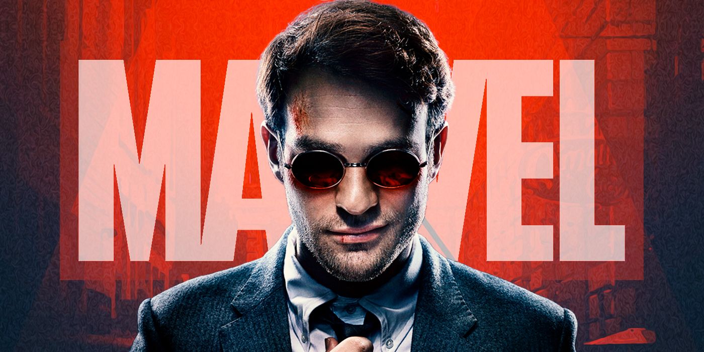 Charlie Cox as Matt Murdock on Daredevil in front of Marvel logo