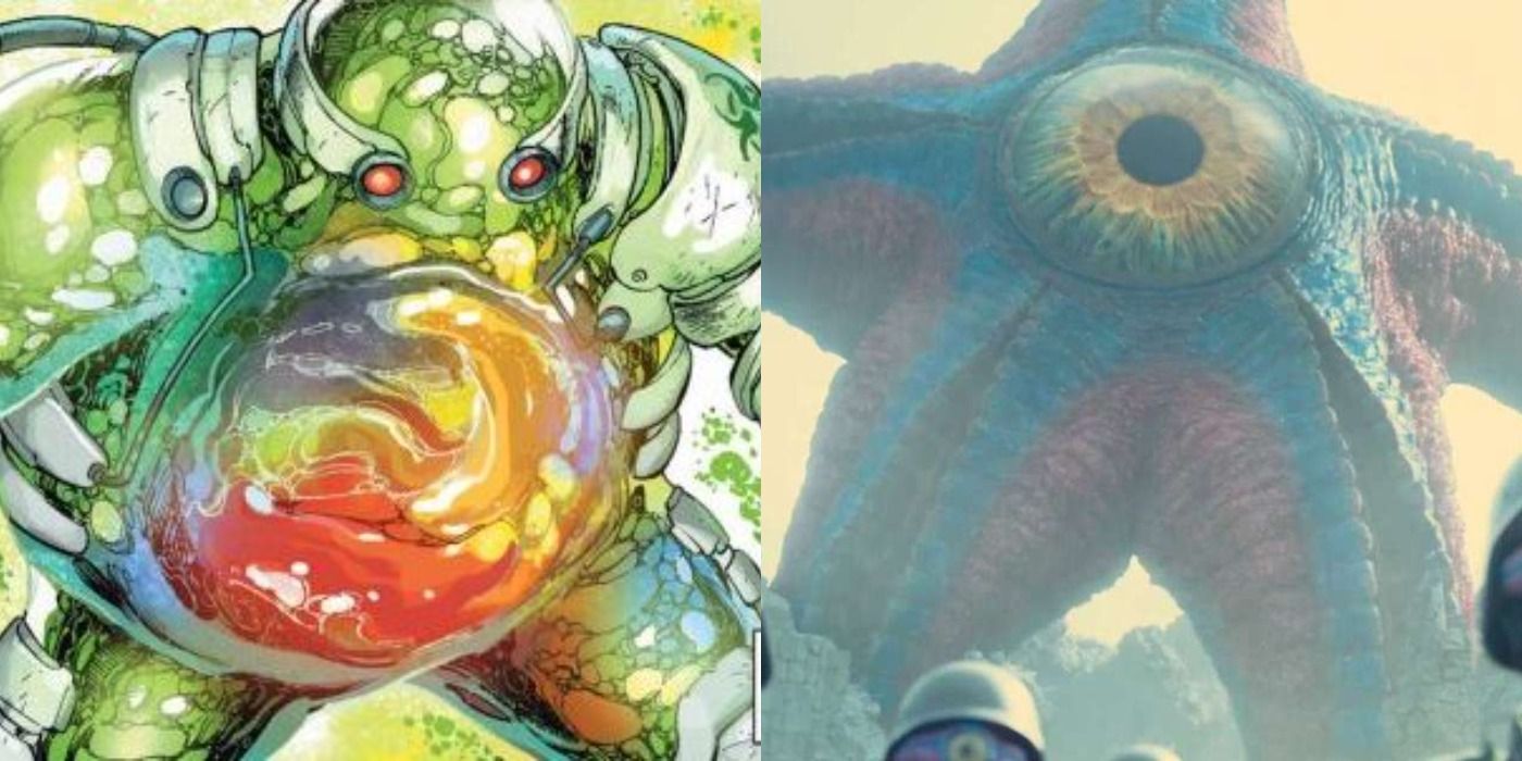 An image of the DC villain Chemo next to an image of Starro from The Suicide Squad.