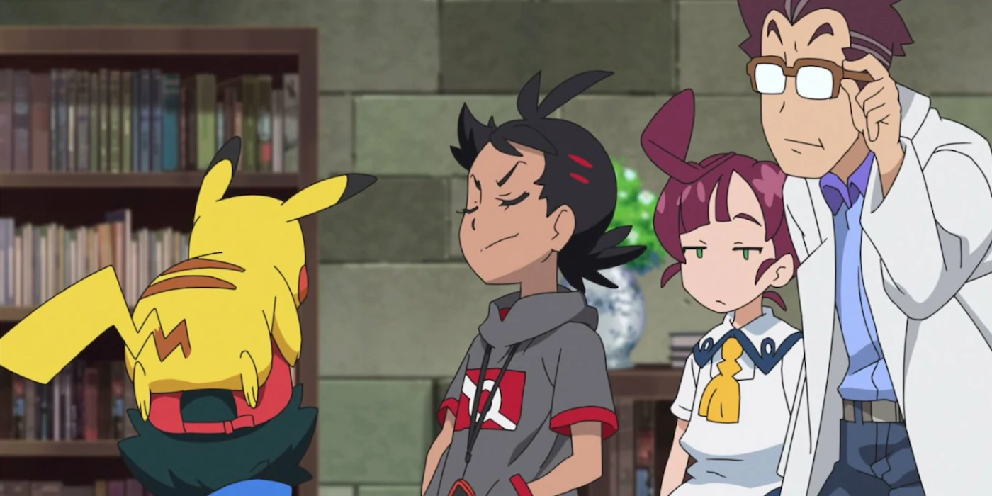 Chloe, Professor Cerise, Ash, Pikachu, and Goh in Pokémon Journeys