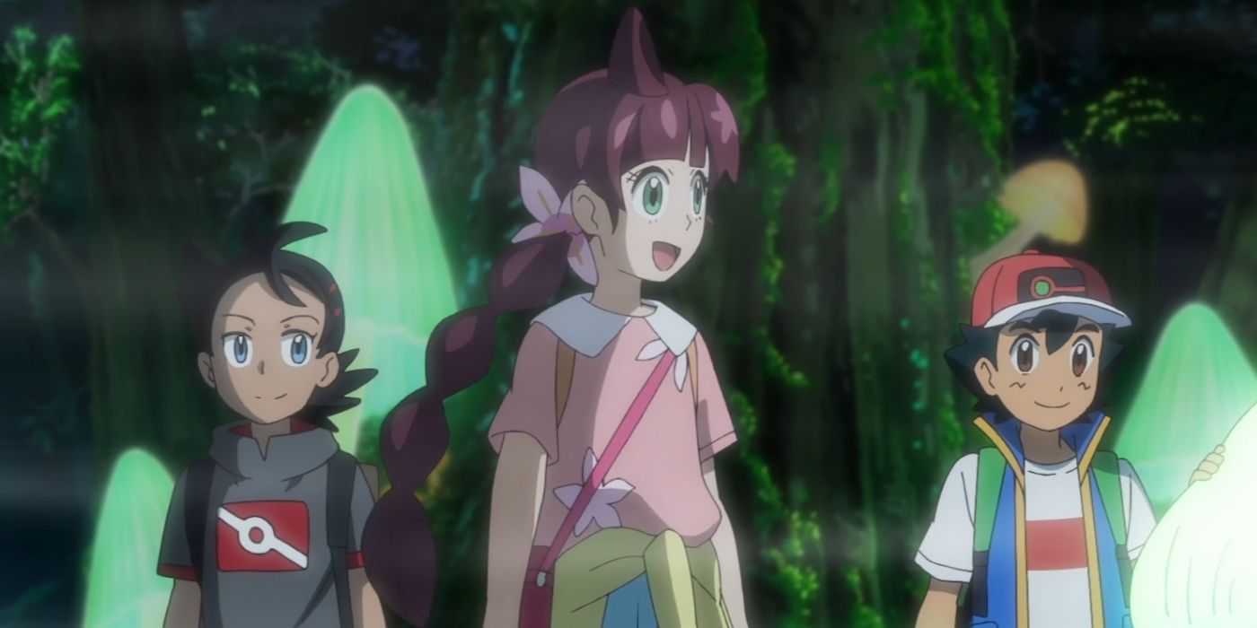 Chloe, Ash, and Goh in the Glimwood Tangle in Pokémon Journeys