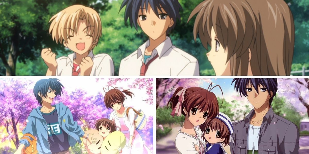 Top image features Tomoya Okazaki interacting with his classmates from Clannad; bottom images feature Tomoya Okazaki with his wife Nagisa and daughter Ushio from Clannad