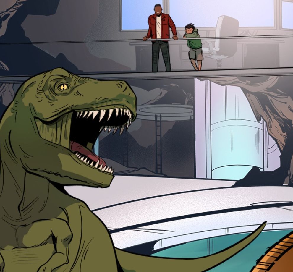 Damian Wayne shows Duke Thomas the dinosaur in the Bat cave