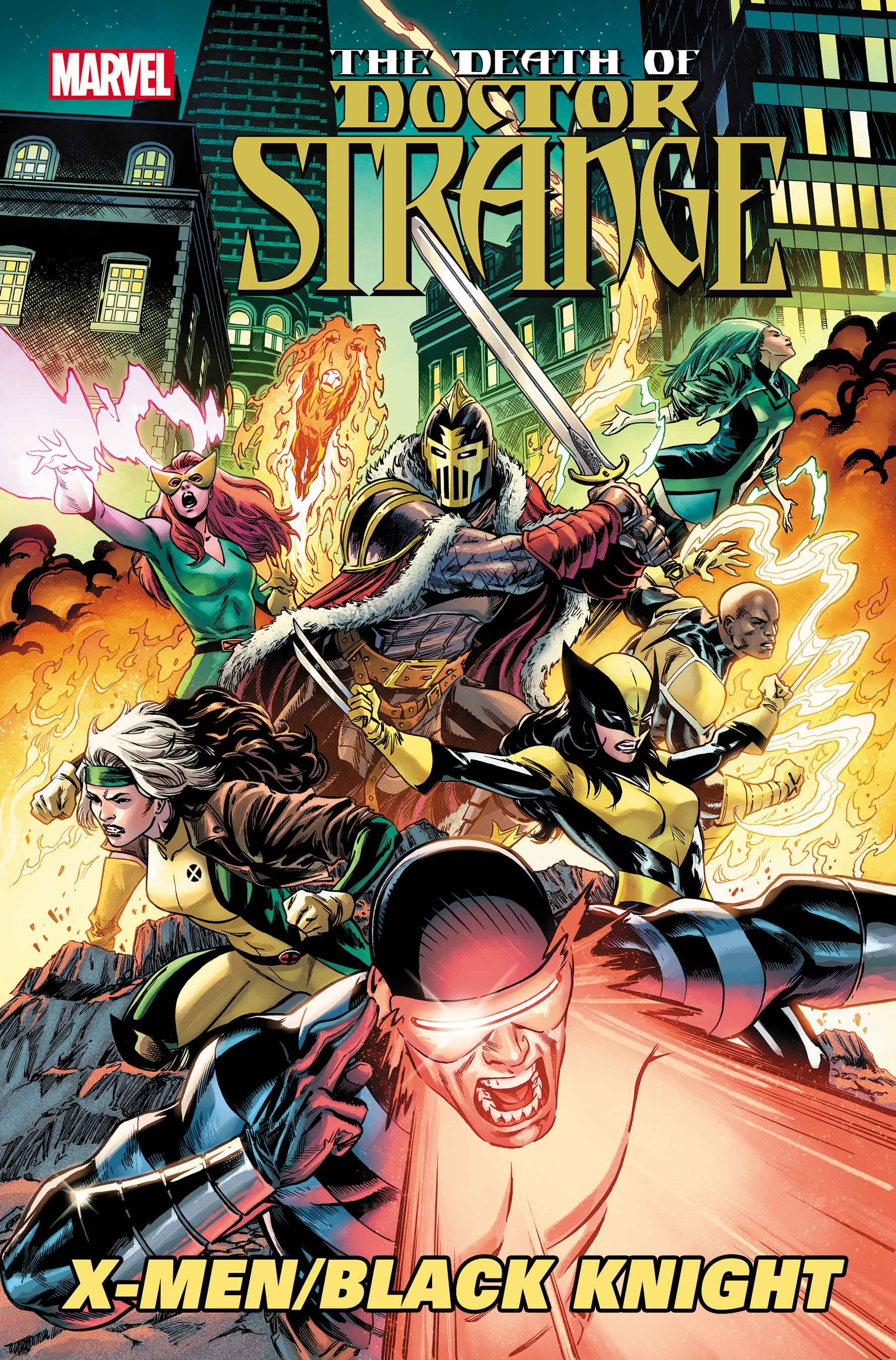 Cyclops leads the X-Men alongside Black Knight on the cover to Death of Doctor Strange X Men Black Knight 1 by Cory Smith