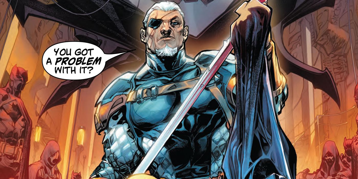 Deathstroke cleans his sword with Batman's cowl and cape.