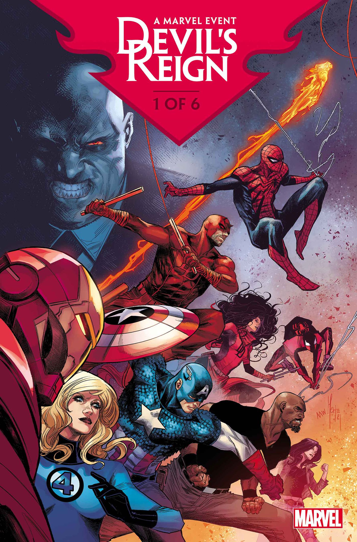 The cover to Devil's Reign #1 shows Kingpin looming over Marvel's heroes.