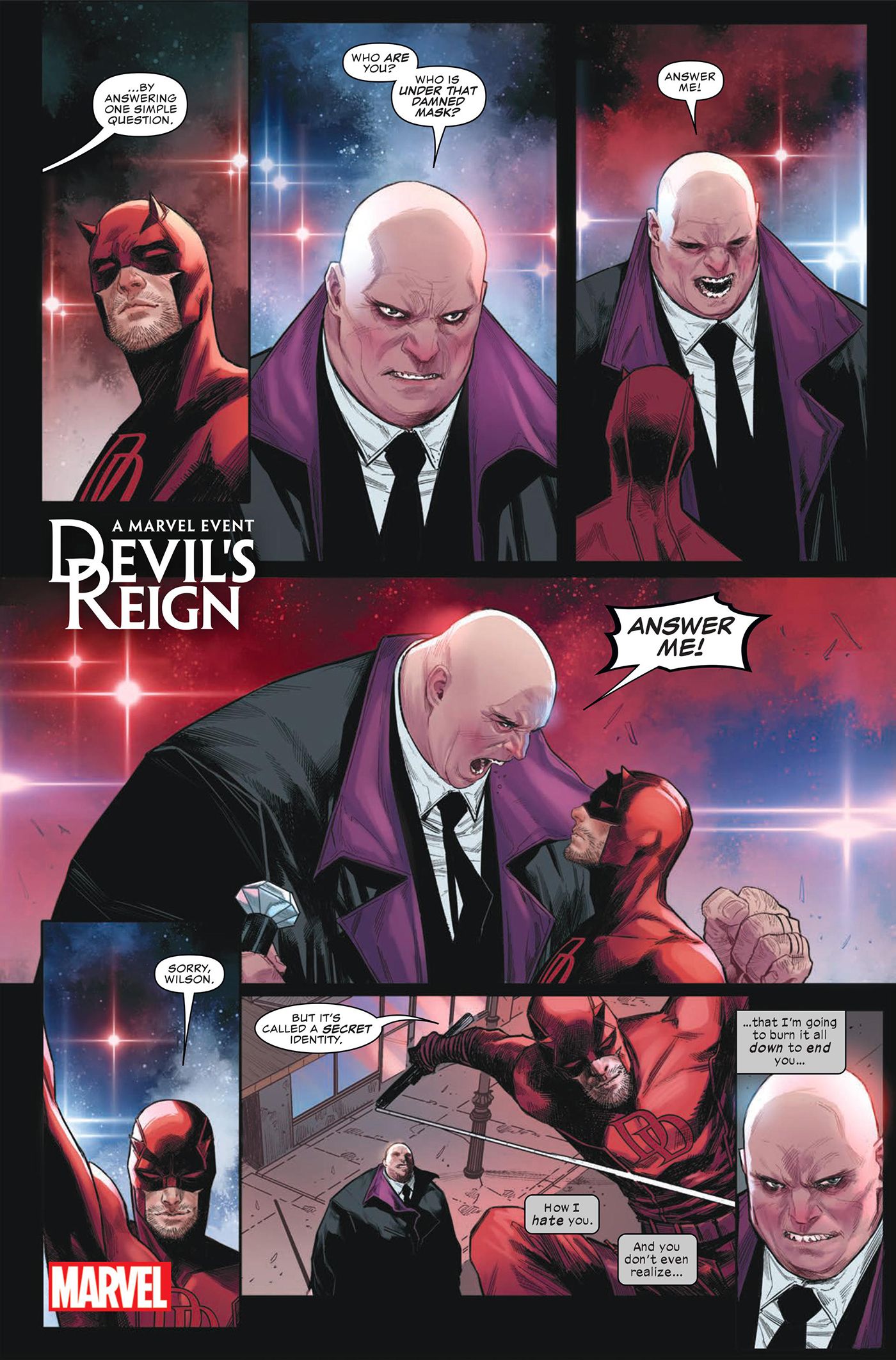 Daredevil and Kingpin have a verbal standoff as Fisk threatens the hero.