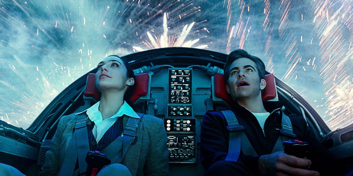 Diana and Steve watch fireworks from an invisible jet