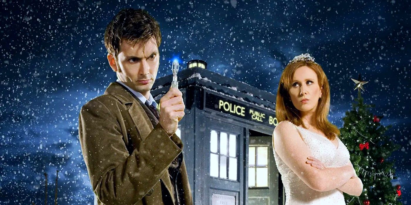 The Tenth Doctor Stands in front of the TARDIS with Donna Noble in Doctor Who The Runaway Bride