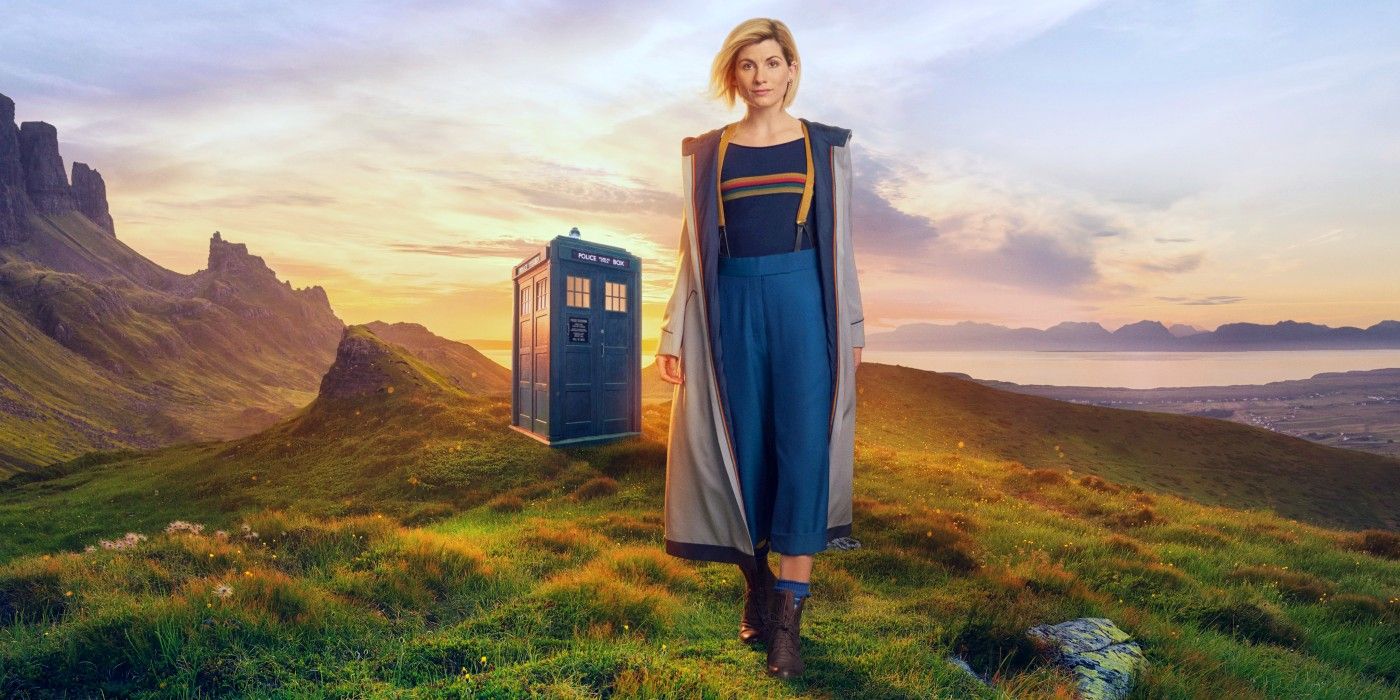 Jodie Whittaker's Thirteenth Doctor in front of the TARDIS. 