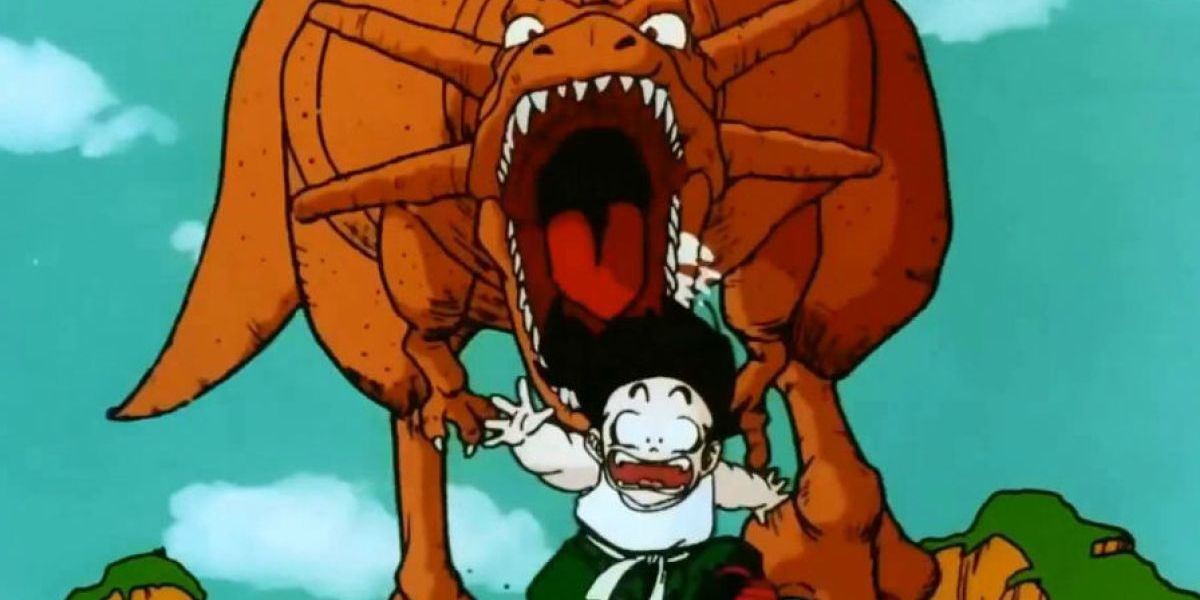 Young Gohan gets chased by a dinosaur in Dragon Ball Z
