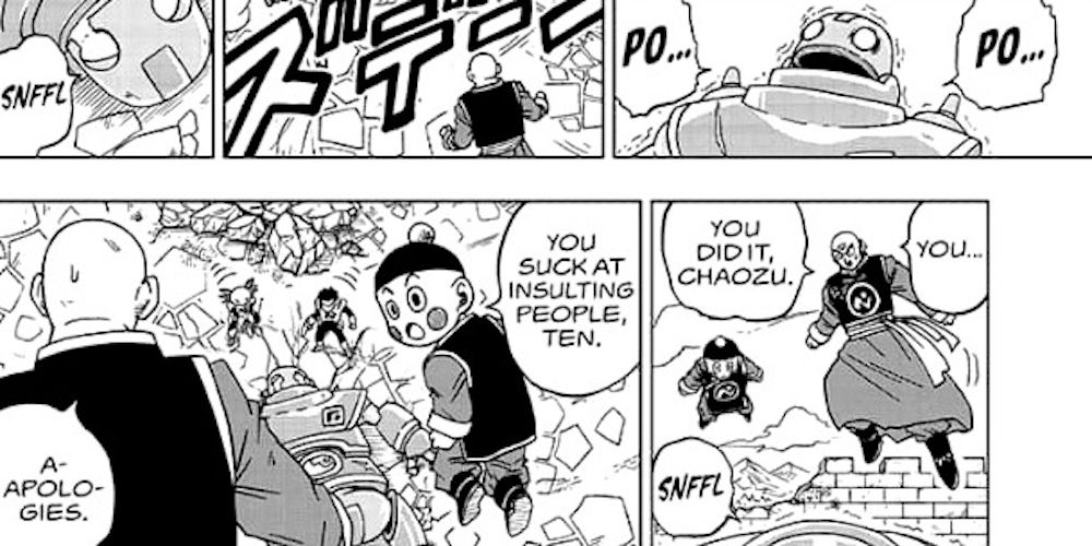 Tien and Chiaotzu insult Bikkura Quoitur in Dragon Ball Super manga