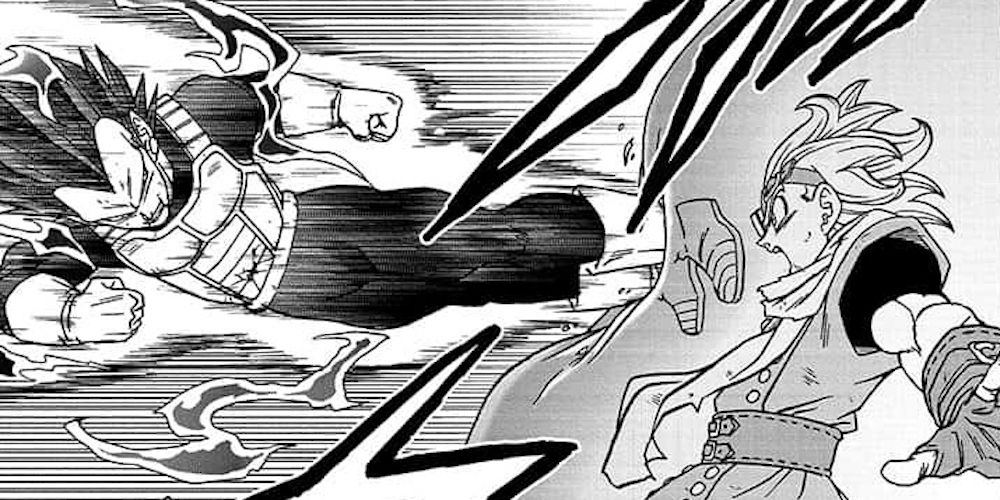 Ultra Ego Vegeta kicks through Granolah's barrier aura in Dragon Ball Super manga.