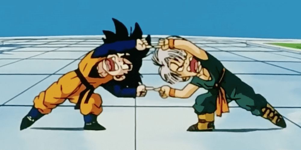 Goten and Trunks doing the Fusion Dance in Dragon Ball Z.