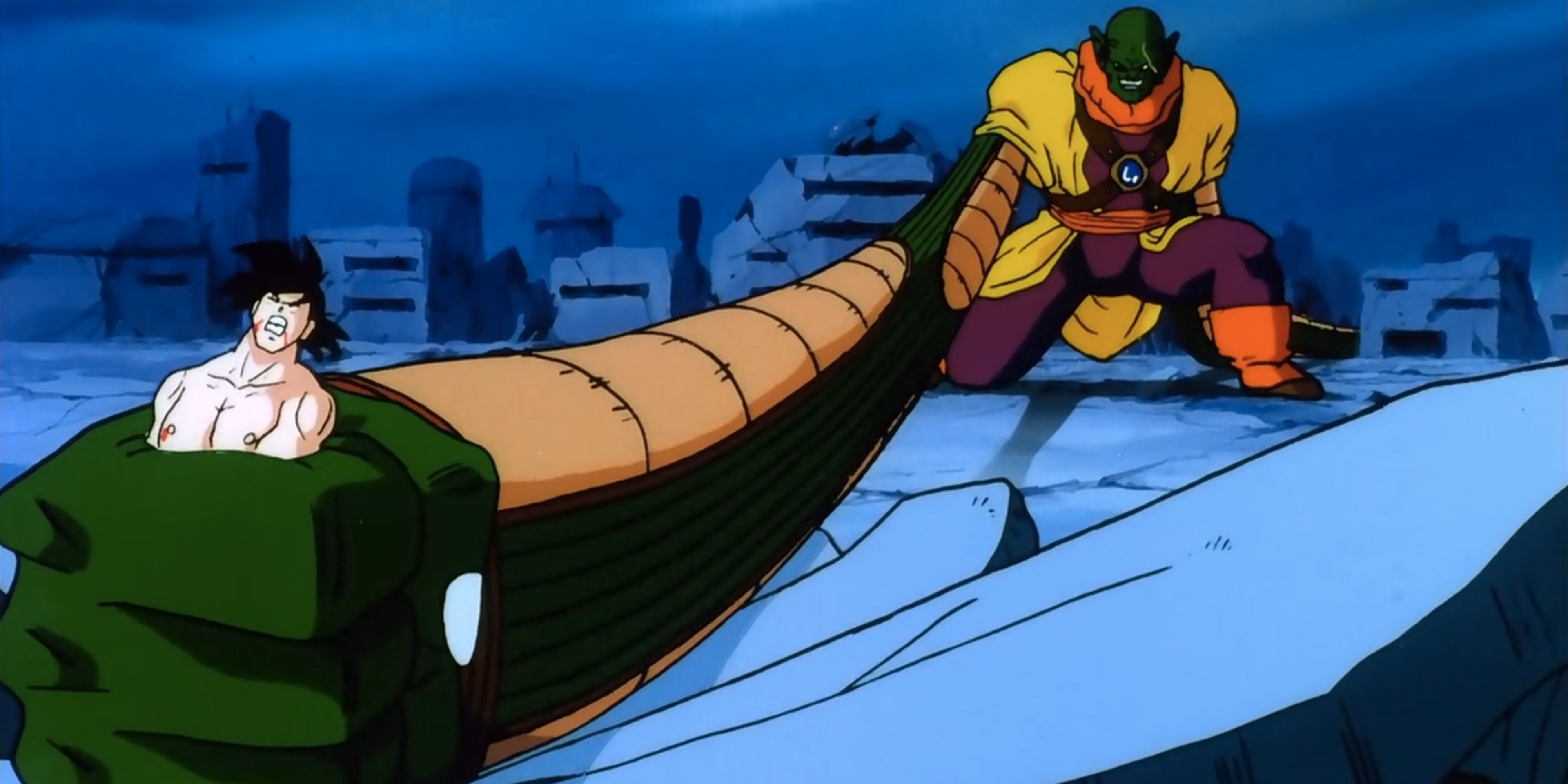 Lord Slug agarra Goku com seu braço demoníaco em Dragon Ball Z: Lord Slug.