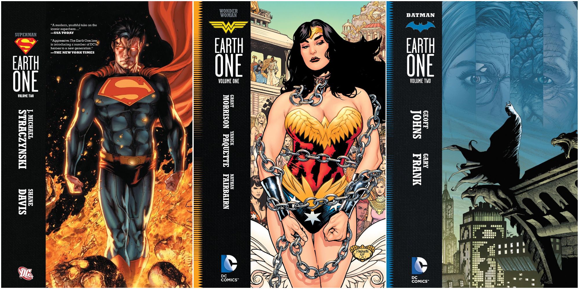 Earth One Superman, Earth One Wonder Woman, and Earth One Batman