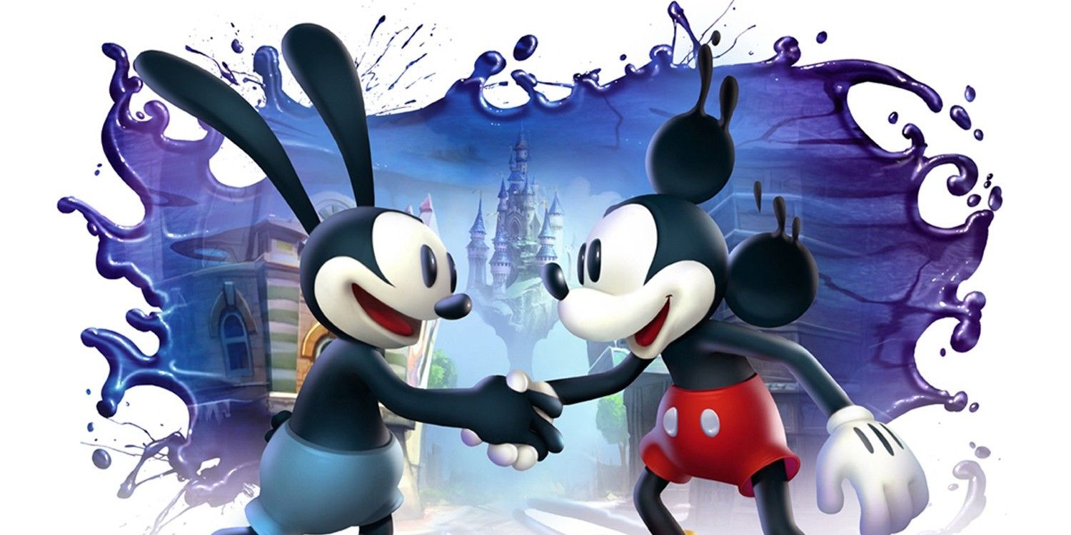Mickey Mouse and Oswald the Lucky Rabbit shake hands in Epic Mickey