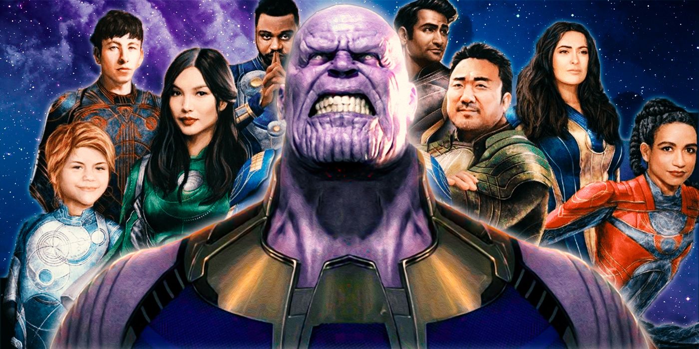 Thanos art in front of Eternals cast