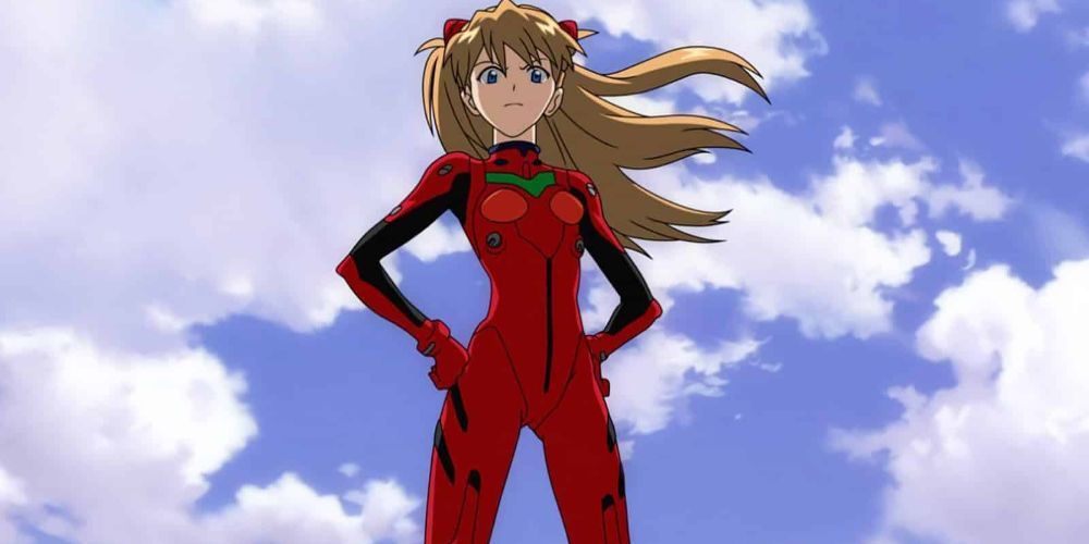 Evangelion Asuka in Plugsuit Stands Confidently