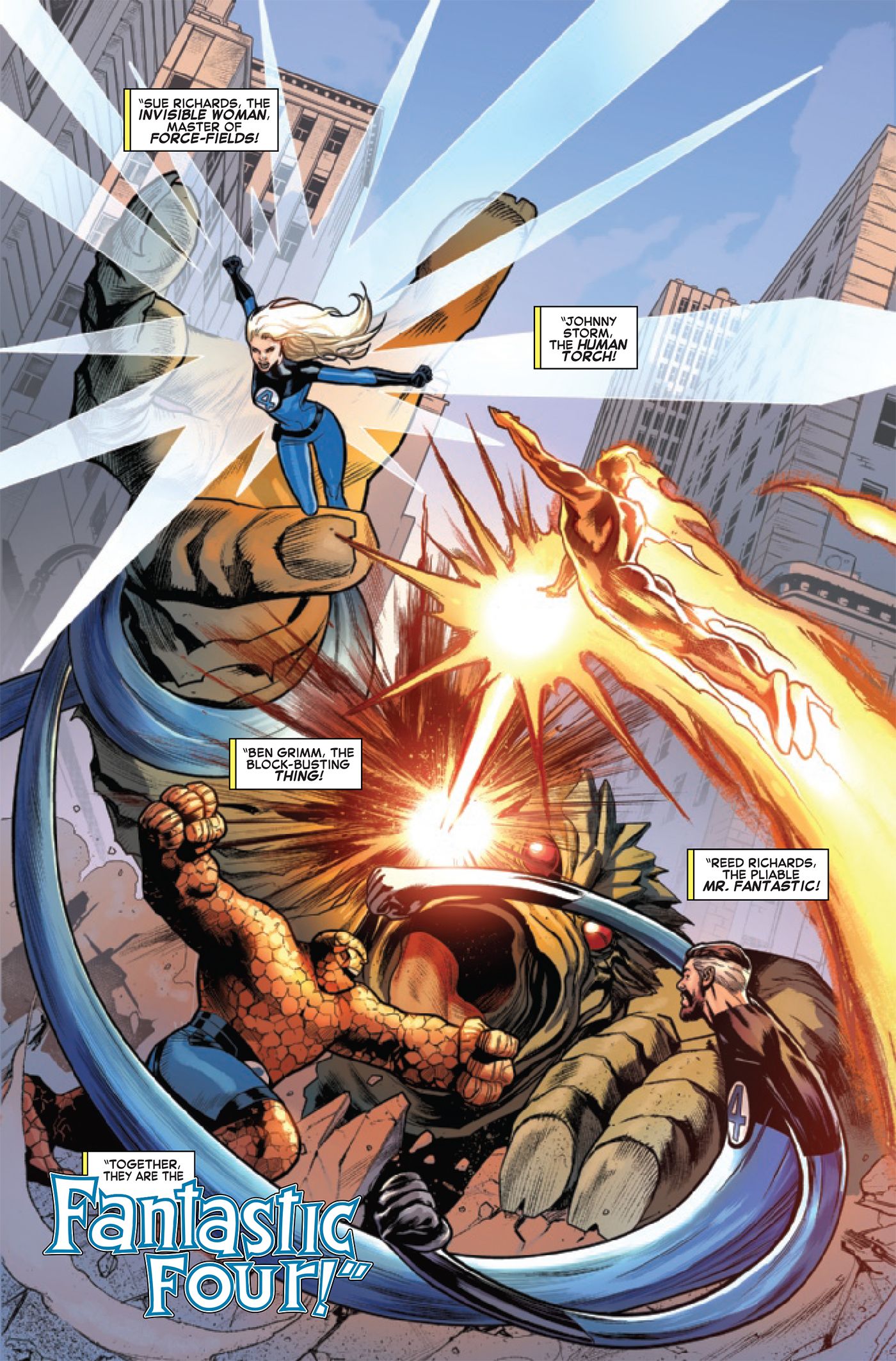 The Fantastic Four fight off a creature.
