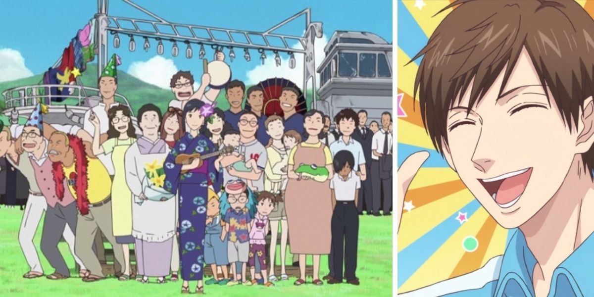 Left image features the Shinohara-Jinnōchi family from Summer Wars; right image features a smiling Omota Uramichi from Uramichi Oniisan