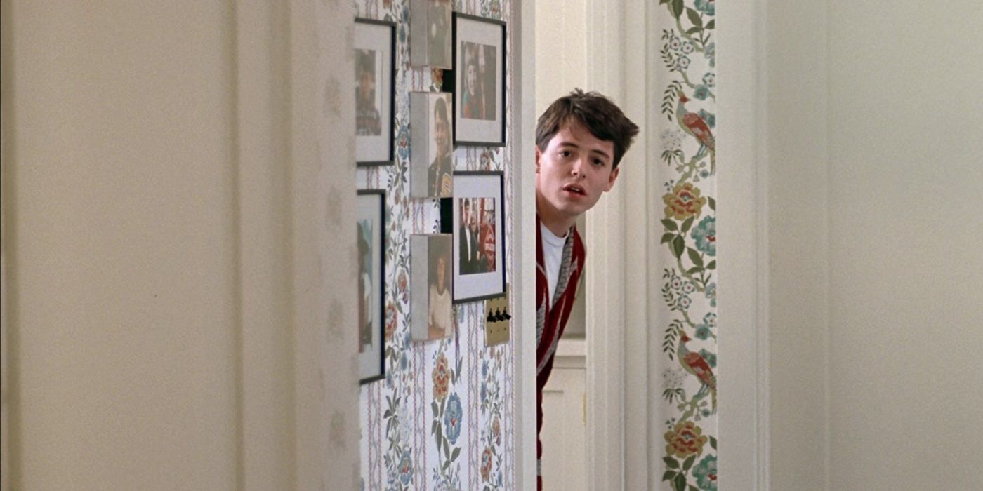 While in his dressing gown, Ferris Bueller peeks through the door directly at the camera