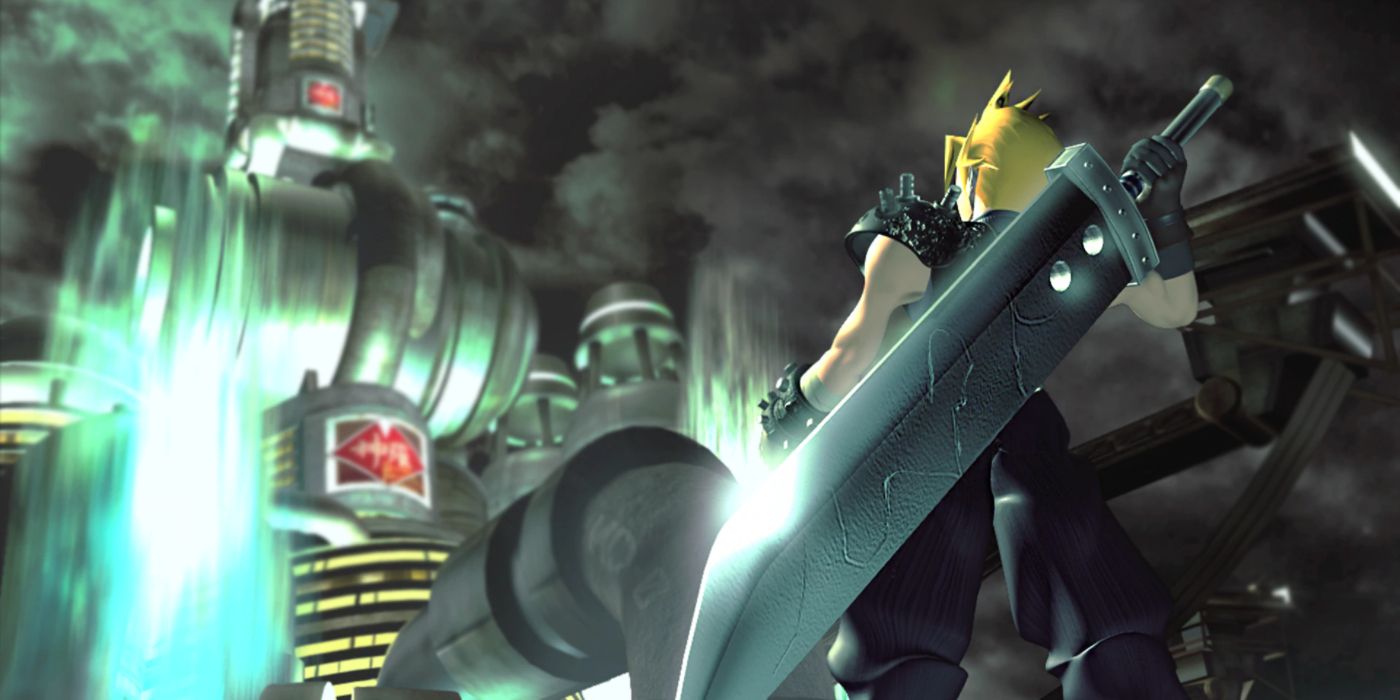Cloud looking toward the Shinra building in Final Fantasy VII PS1