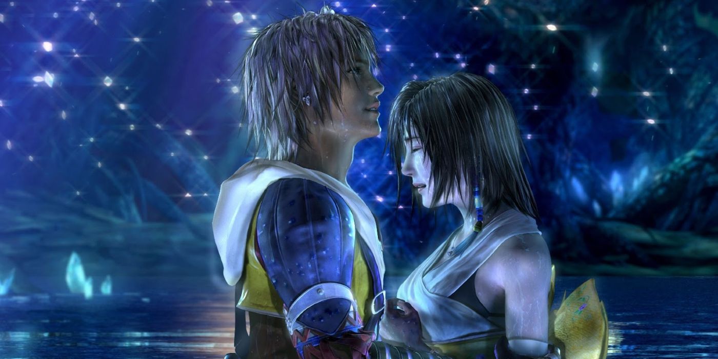 Tidus and Yuna hugging in Macalania Spring in Final Fantasy X, surrounded by pinpricks of light.