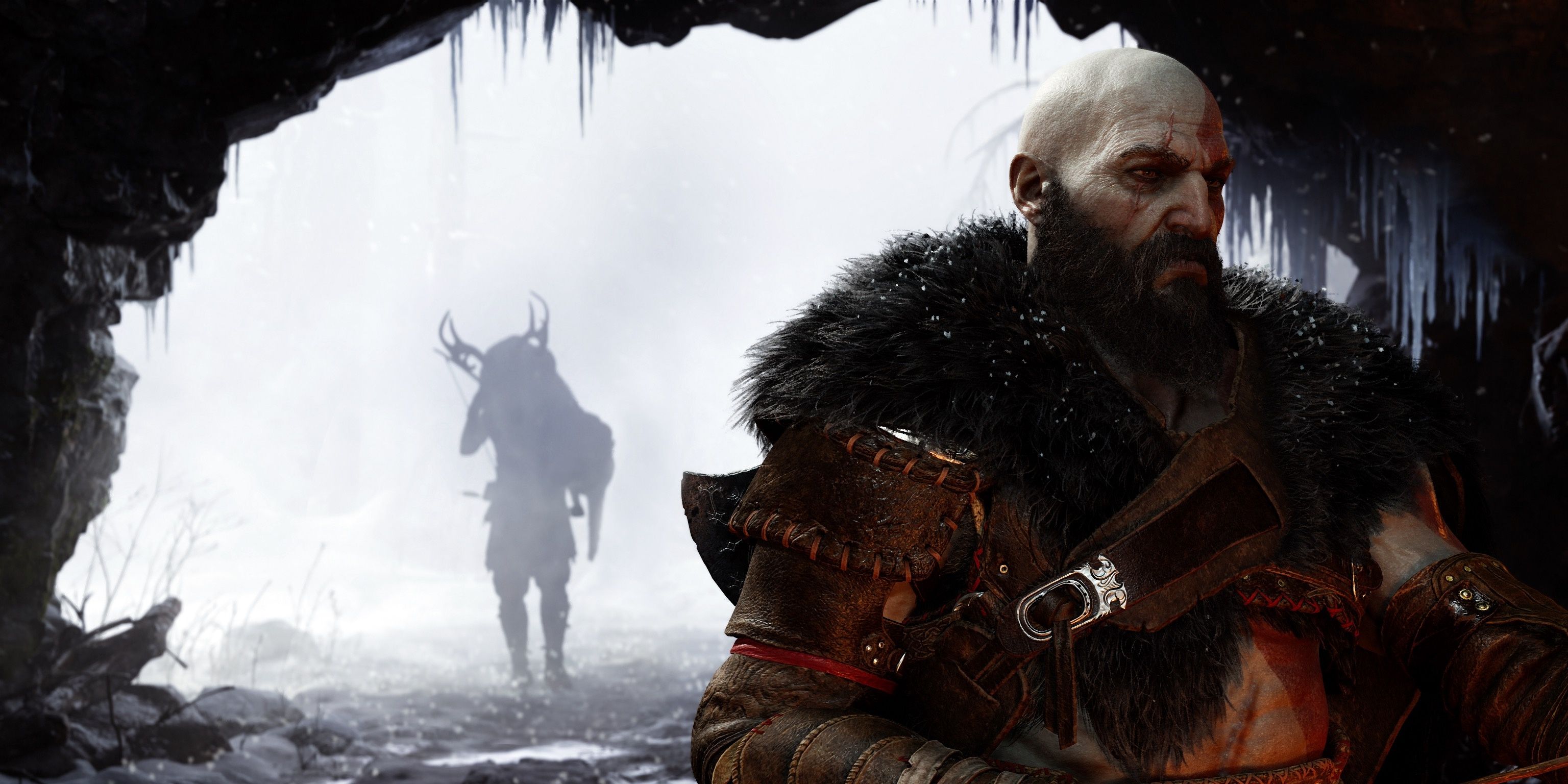 Kratos making an arrow while Atreus returns from a hunt in God Of War Ragnarok 