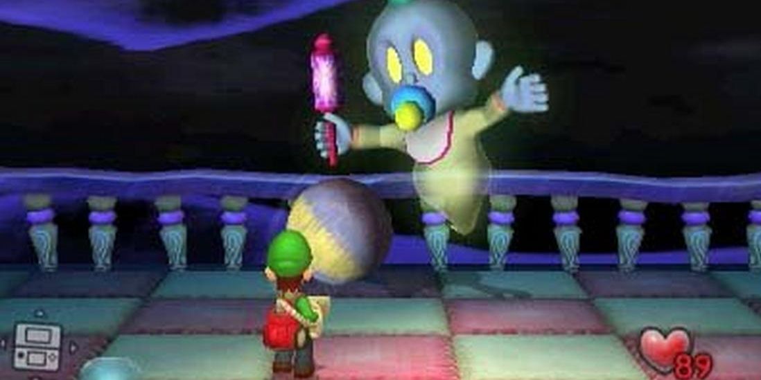 Luigi encounters a Baby Ghost boss in Luigi's Mansion