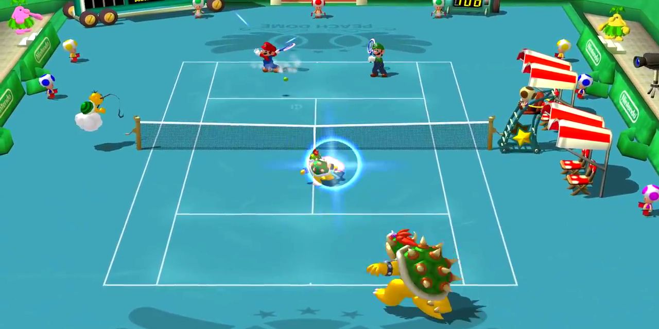 Bowser plays tennis against Mario and Luigi in the GameCube's Mario Power Tennis.