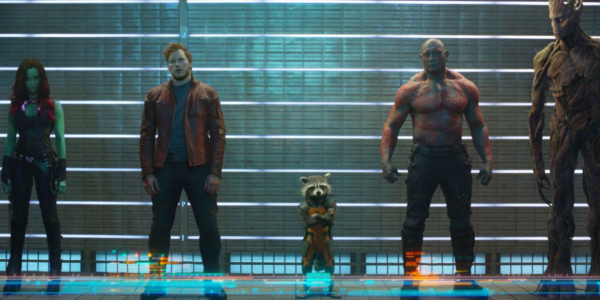 Gamora, Peter Quill, Rocket Raccoon, Drax, And Groot standing in a line