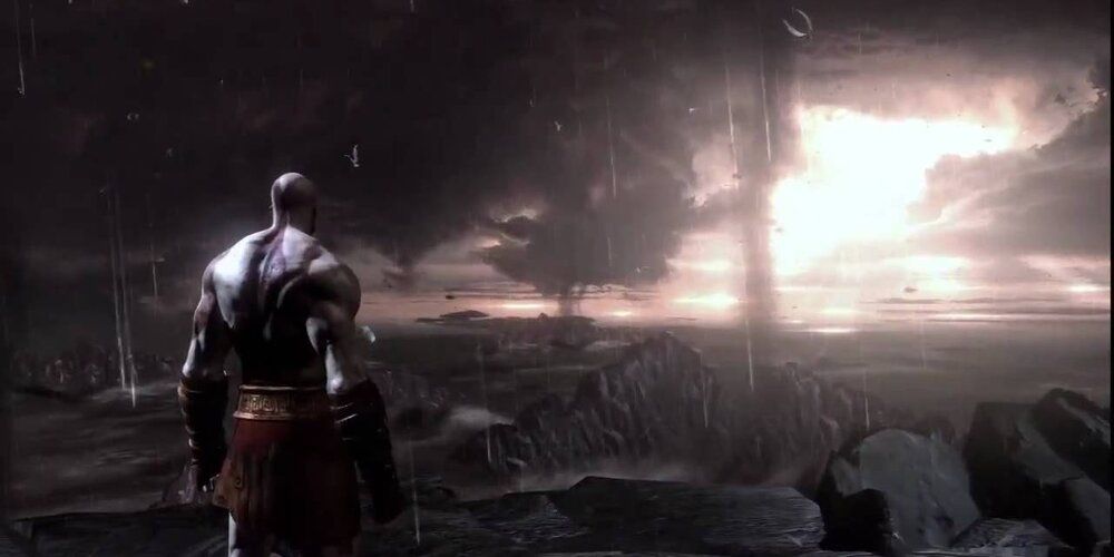 Kratos watching the end of the world God of War III