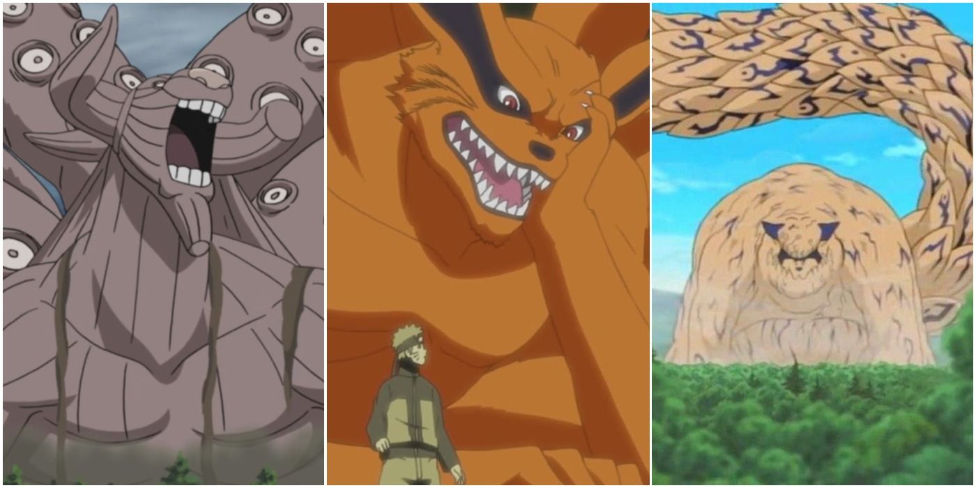 Gyuki howling (left); Kurama considering Naruto (center); Shukaku from afar (right)