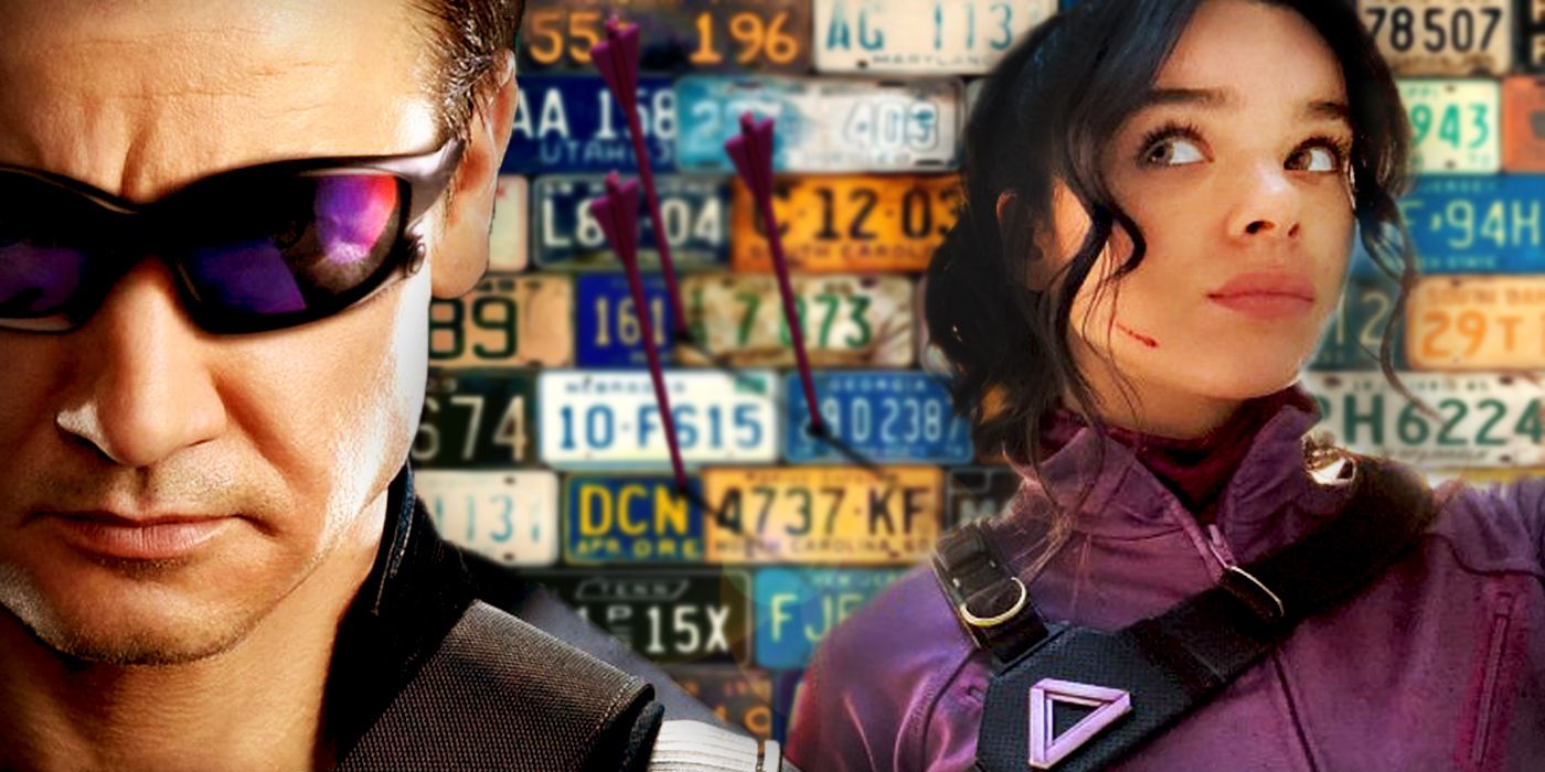 Clint Barton and Kate Bishop standing in front of license plates