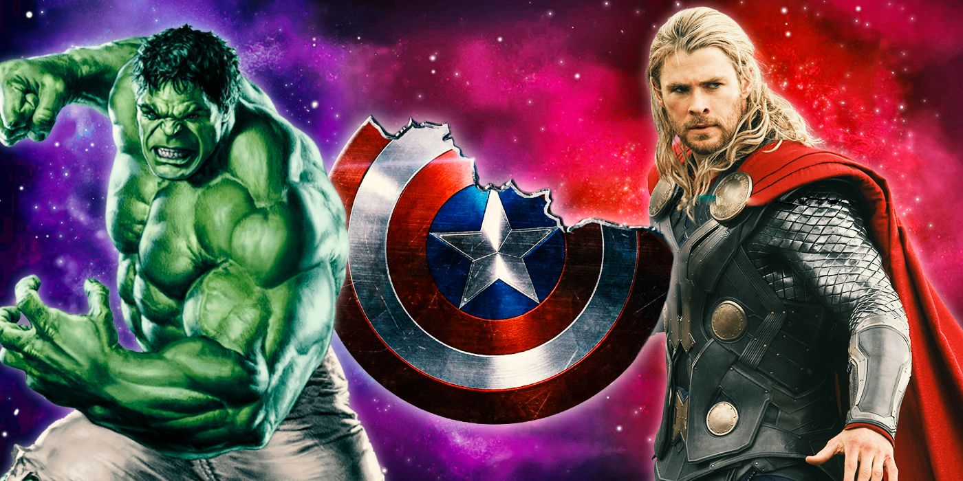 Hulk and Thor stand on either side of Captain America's broken shield