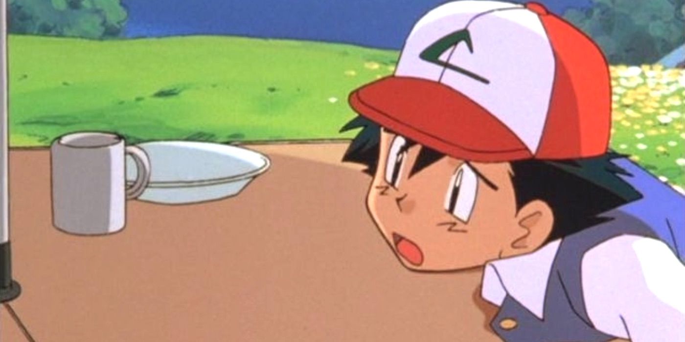 pokemon ash hungry sitting at table