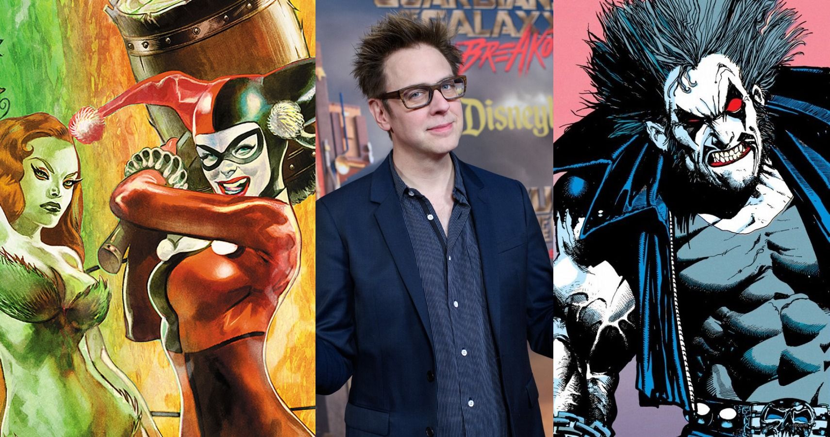 A middle image of director James Gunn flanked on the left by an image from the comic Gotham City Sirens and on the right by an image of DC antihero LObo, both properties Gunn would be perfect for adapting.