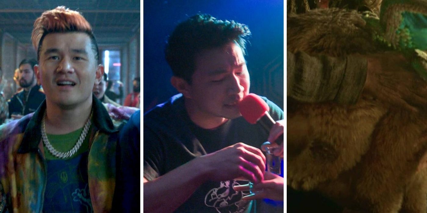 Jon Jon, Shang-Chi doing drunk karaoke, and Morris of Ta Lo from Shang-Chi