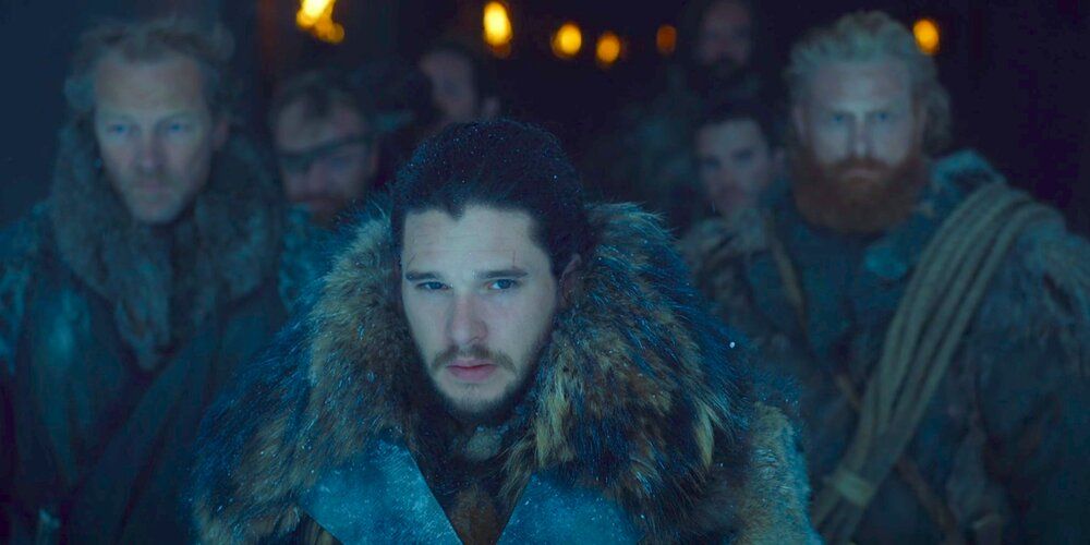 Jon Snow, Jorah Mormont, The Hound, Beric Dondarrio, Thoros of Myr, Gendry, and Tormund Giantsbane go beyond the Wall game of Thrones