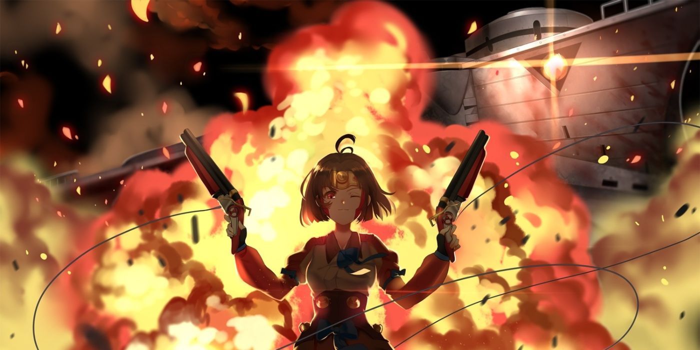 Mumei holding guns and standing in front of giant explosion in Kabaneri Of The Iron Fortresss.
