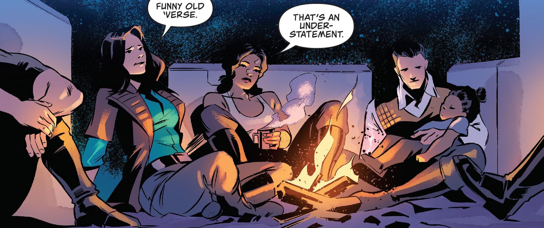 Kaylee, Zoe and Simon talk around a campfire
