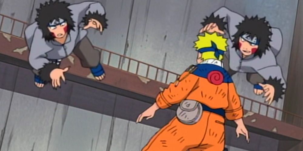 Kiba and Akamaru attack Naruto using the Man-Beast Clone Technique in Naruto.