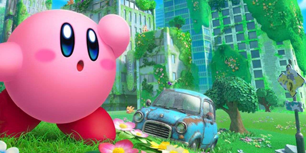 Kirby looking at an abandoned city.